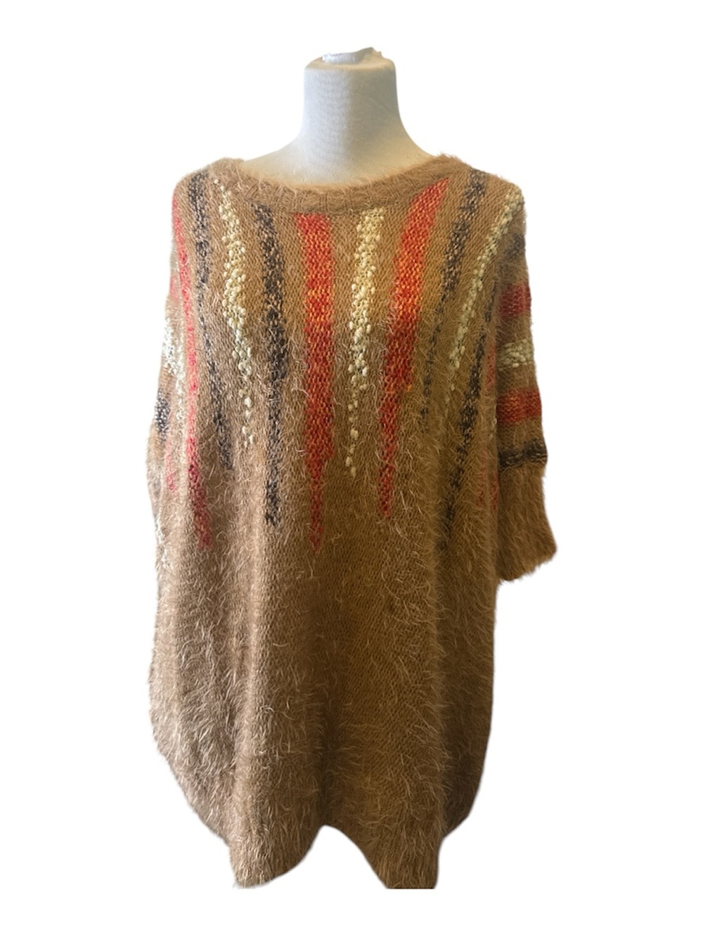 QED London Sweater Womens Fuzzy Rug Tan with Orange Accent Short Sleeve